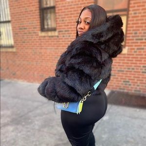 Black, white, navy crop hooded faux fur coat